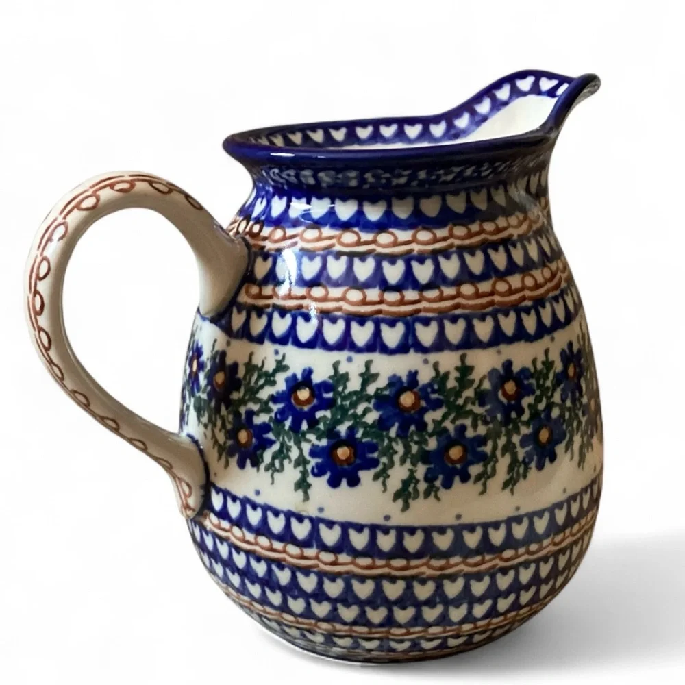 Polish Pottery Hand Painted Blue Design  Pitcher 6.5” 1 Quart signed B. Fidelus
